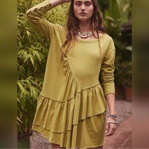 Free People Beach Green Sun Baby Mini Dress Tunic Top Lagenlook Boho Size Medium